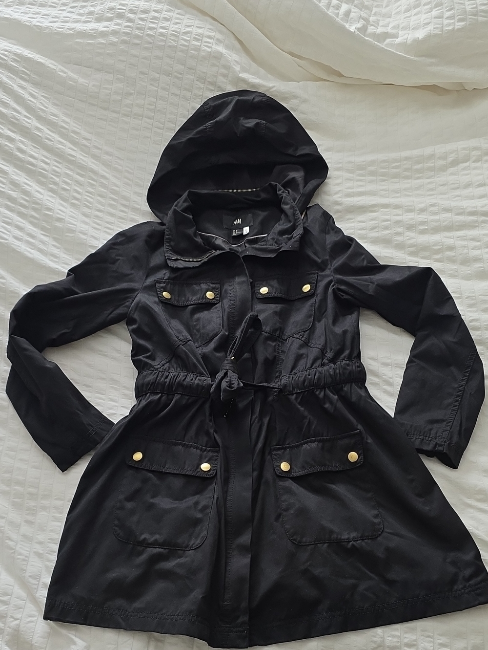 H&M Black Hooded Jacket with Gold-Tone Buttons